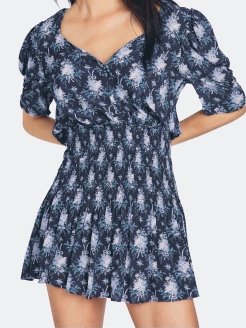 Loveshackfancy Brickell blue floral smocked waistband mini dress